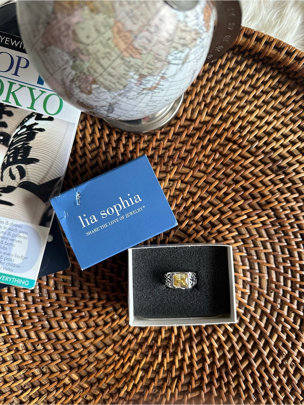 Lia Sophia Yellow Jewel Statement Ring with Silver Tone Band New Tags Size 11